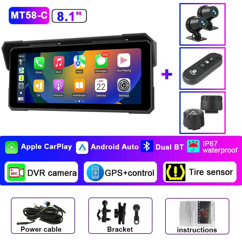 Jansite Portable 8.1 inch IP67 Waterproof Motorcycle 4K DVR GPS Navigation Wireless Carplay Android Auto Moto Recorder Monitor