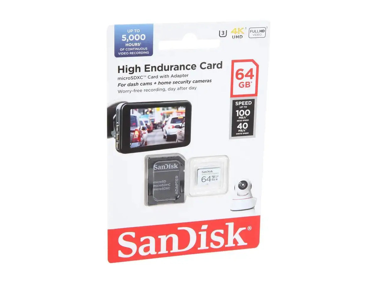 SanDisk 64GB High Endurance microSDHC C10, U3, V30, 4k UHD Memory Card with Adapter (SDSQQNR-064G-GN6IA)