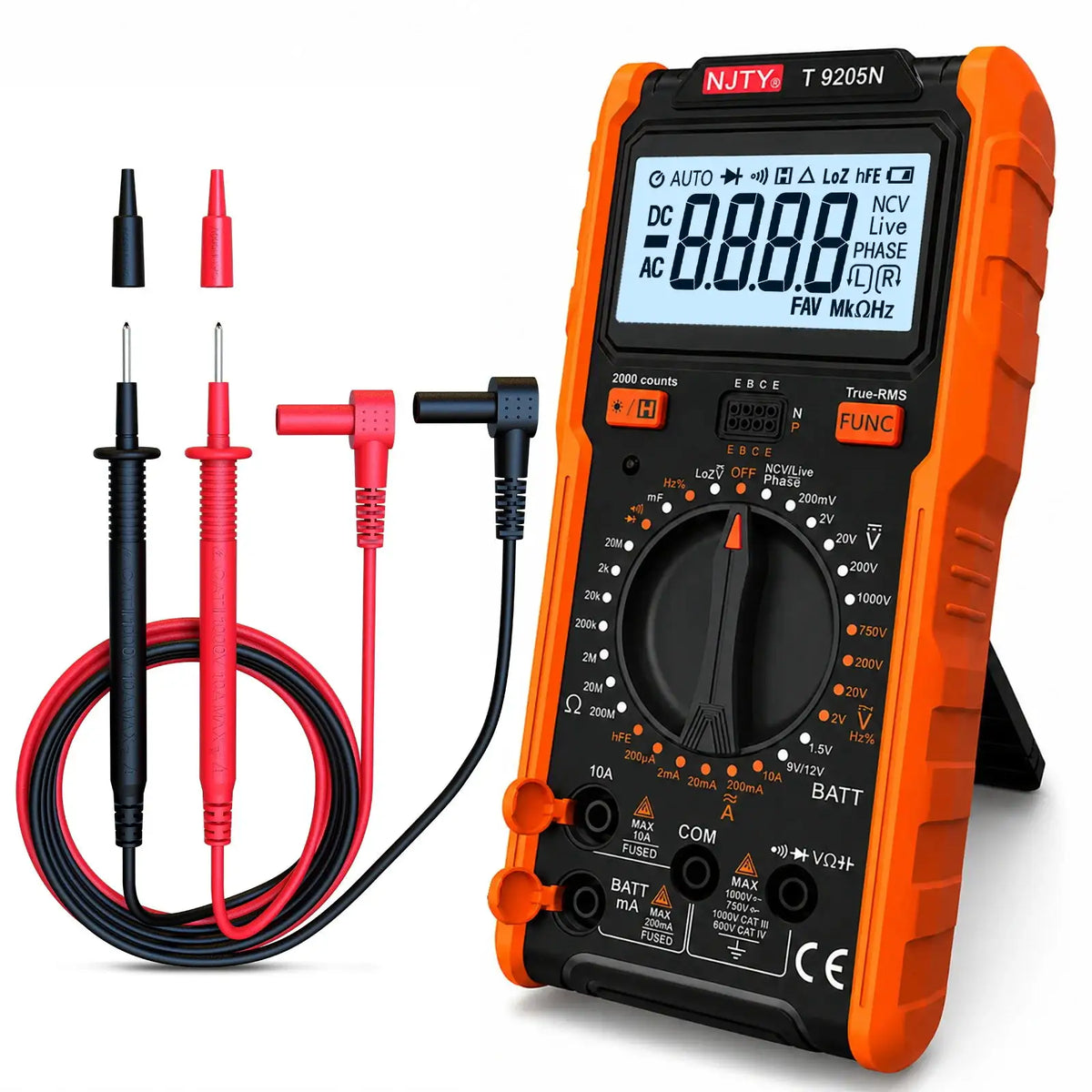 T9205N Digital Multimeter 2000 Counts True RMS Phase Sequence NCV Live Wire LoZ Battery Tester AC DC Voltage Current Backlit LCD