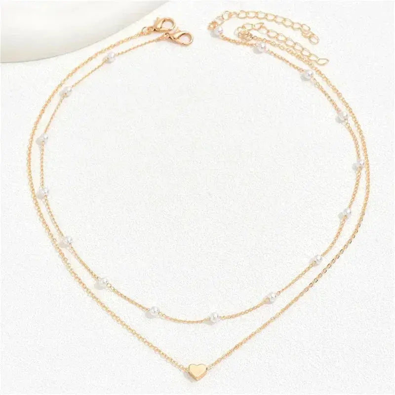 Double Layer Pearl Choker Necklace for Women Heart Pendant
