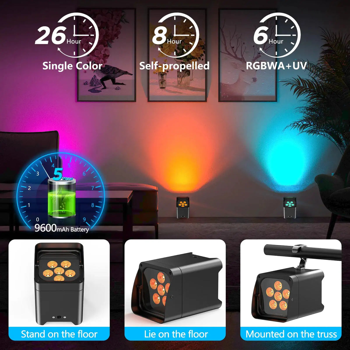 U'King 4PCS 6x18W 6IN1 RGBAW+UV Par Light with Bag Wireless Uplights LED Stage Light Remote Control WiFi Par Light for DJ Party Show Wedding
