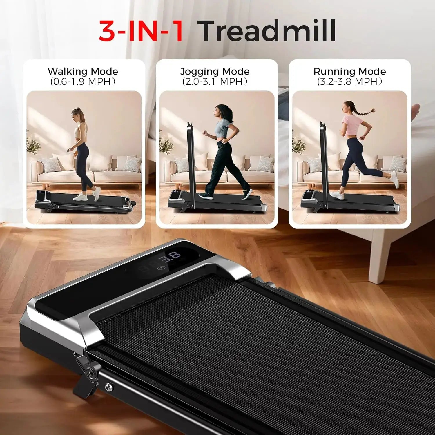 3.0HP Quiet Foldable Walking Pad Treadmill with Handle Bar & 8% Fixed Incline, Tool-Free Easy Assembly, Max 350-LB Load for Indoor Home Use