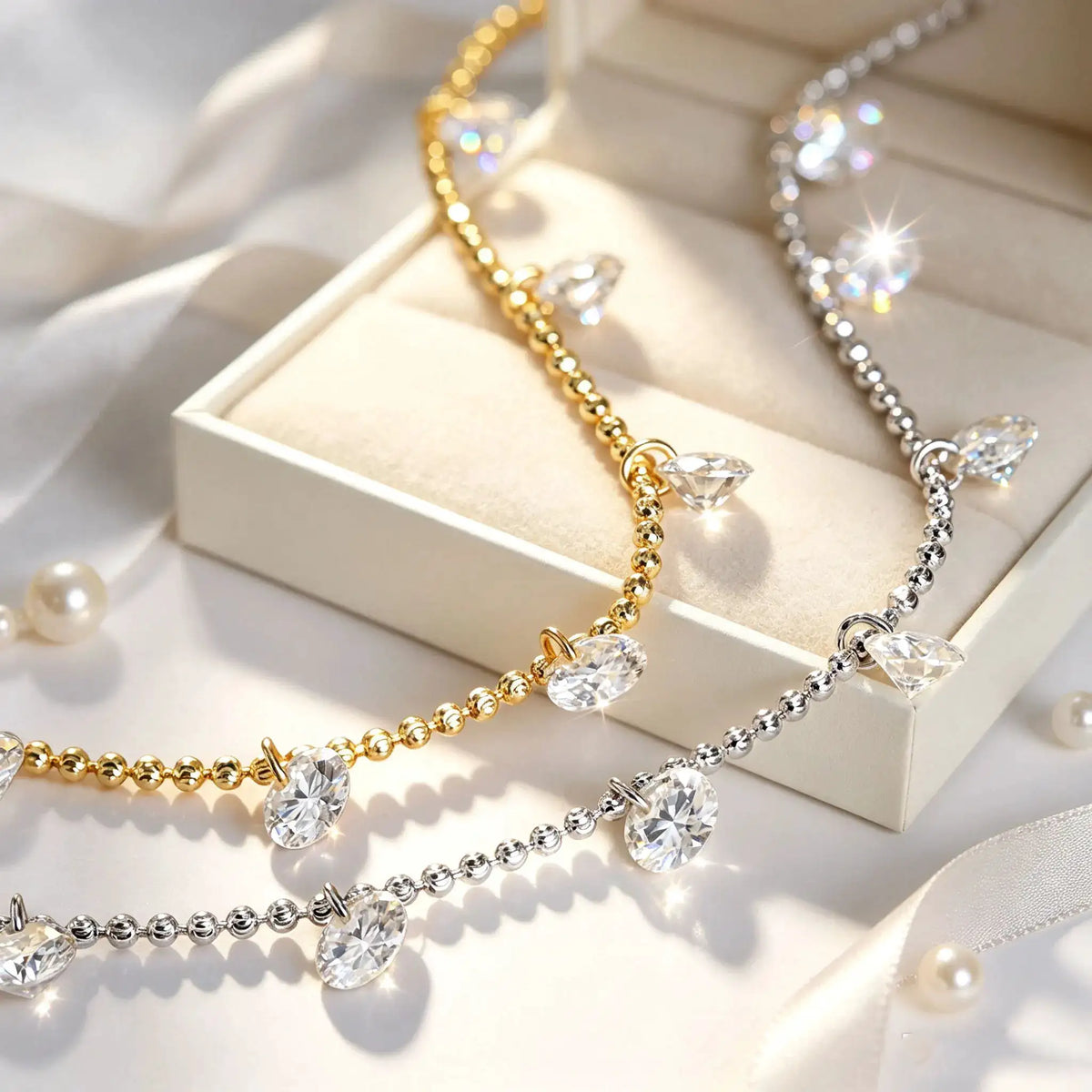 Moissanite pendant necklace with a station-style chain