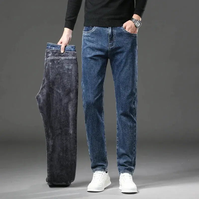 Winter Fleece Thick Warm Mens Slim Straight Denim Pants