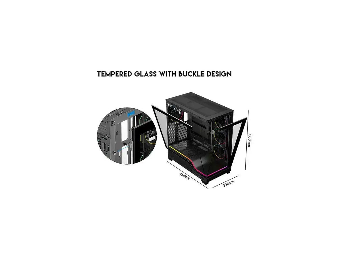 DIYPC IDX5-BK-ARGB Black Dual USB3.0/Type C Tempered Glass ATX Gaming Computer Case w/ Frameless Dual Tempered Glass Panel and 4 x ARGB PWM Ring Fans and Integrated ARGB Lighting Bar (Pre-Installed)
