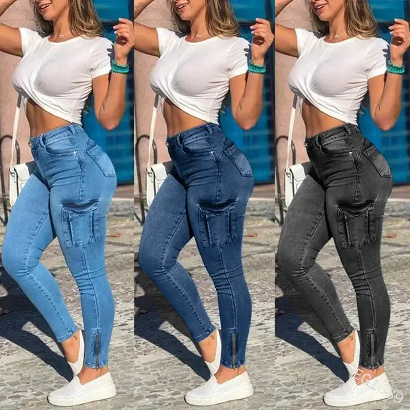 Women Distressed Denim Jeans High Waist Sheath Pencil Cargo