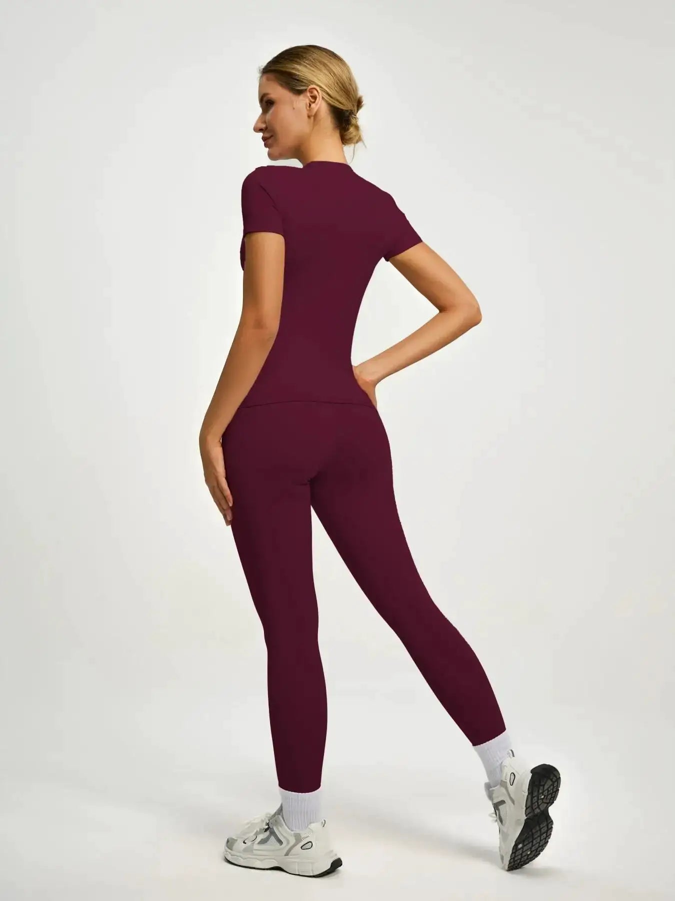 Women's Short Sleeve Sporty Set, High Waist Yoga Pants & T-Shirt Combo, Ideal for Fitness Gym Sculpting Workout