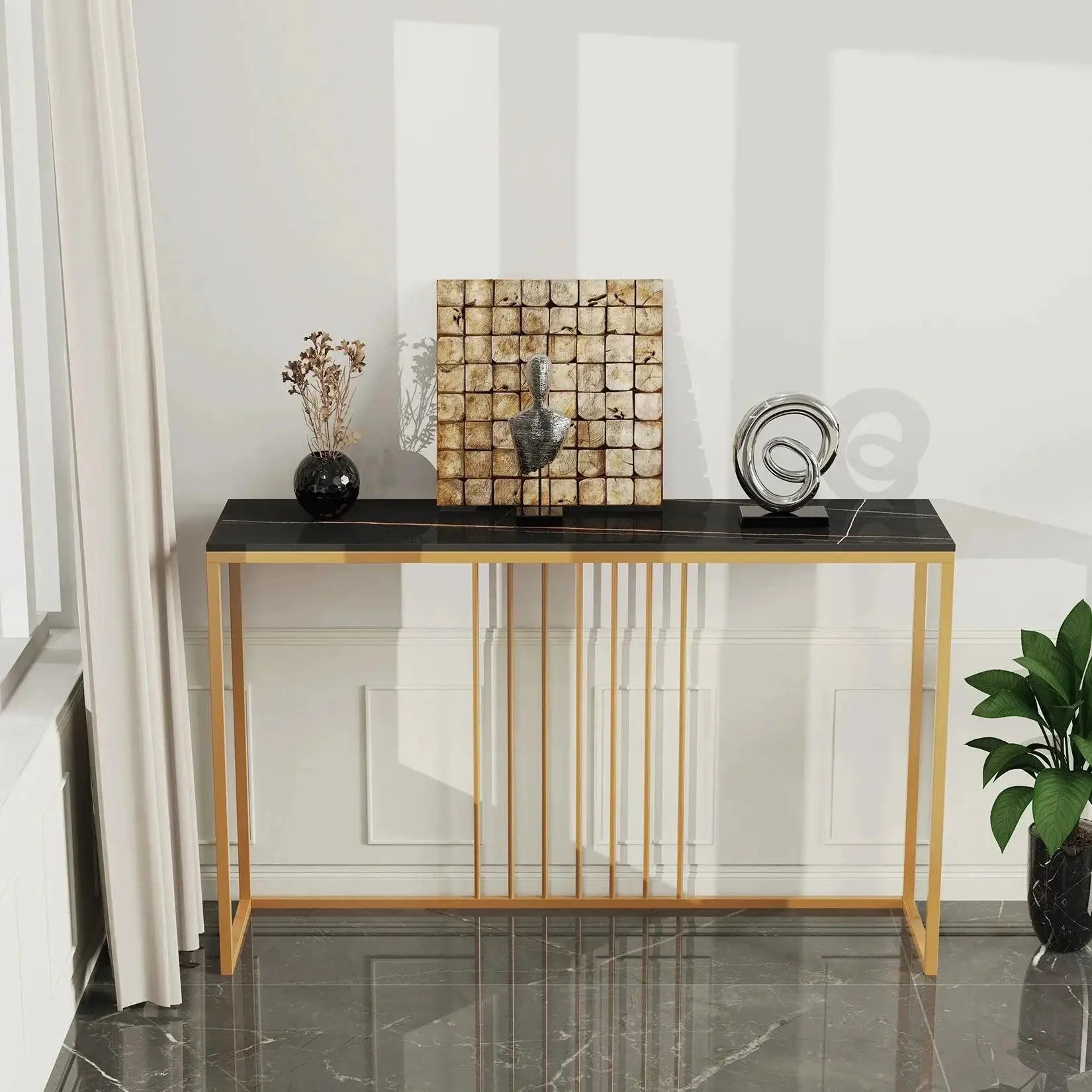 47 Inch Extra Long Console Table Sintered Top Gold Legs