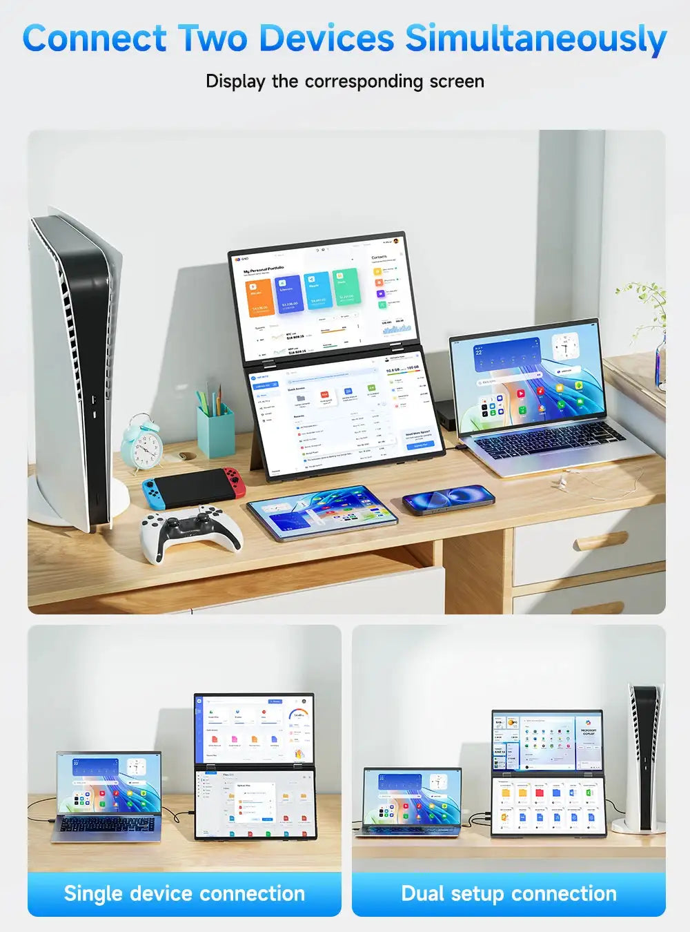 UPERFECT 15.6" FHD Dual Portable Monitor All-in-One Foldable & Stackable Design 360° Screen Adjustment USB-C HDMI Travel Display