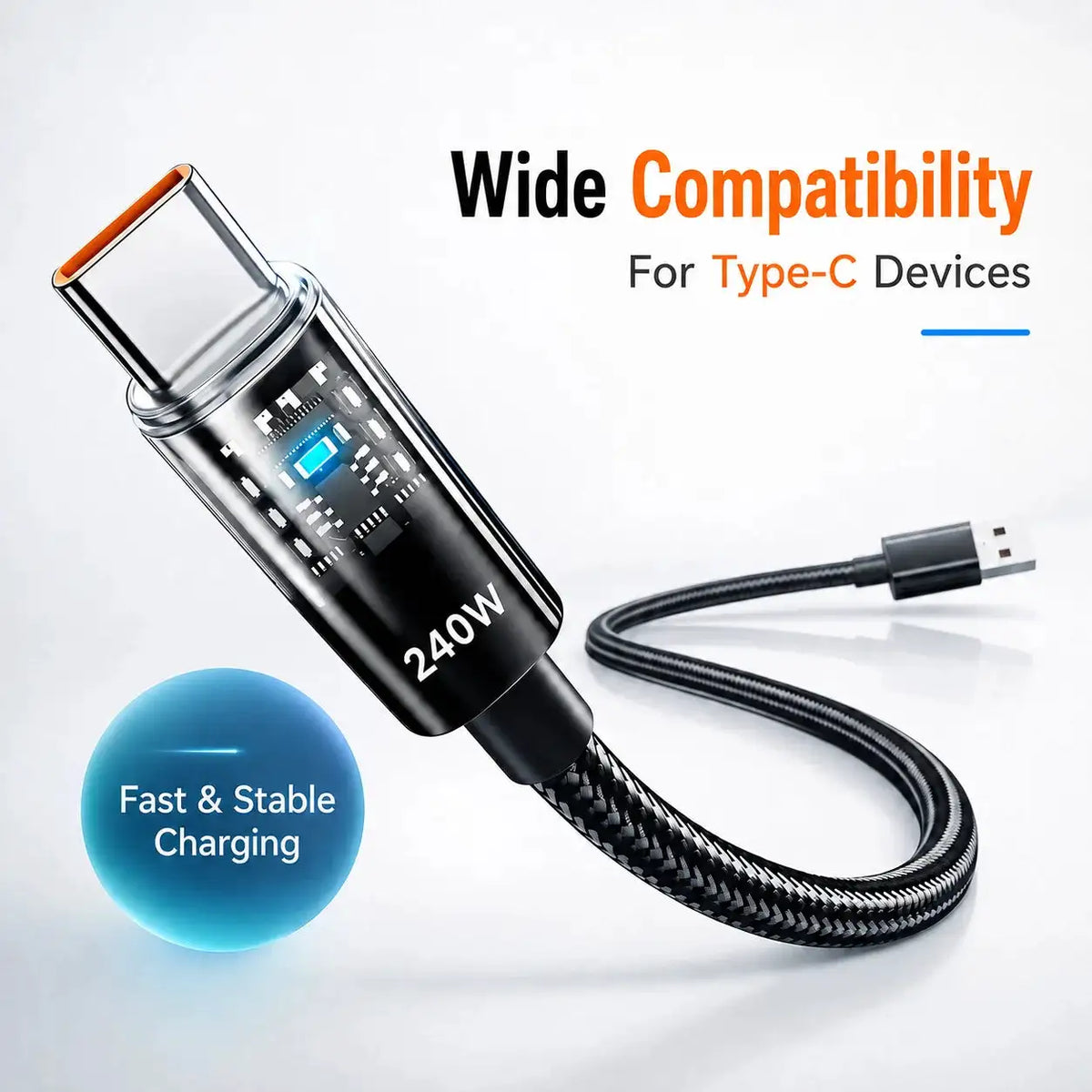 240W USB C Nylon Braided Fast Charging Cable LED Digital Display Type C Data Wire for Samsung Xiaomi Huawei Honor Mobile Phone
