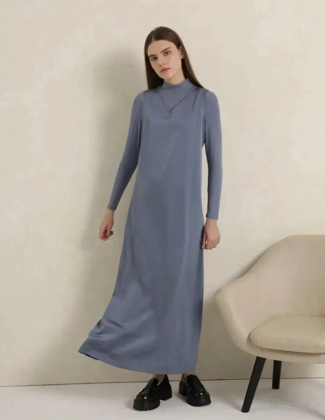 Satin Maxi Dress Silk Blend Elegance With V Neckline