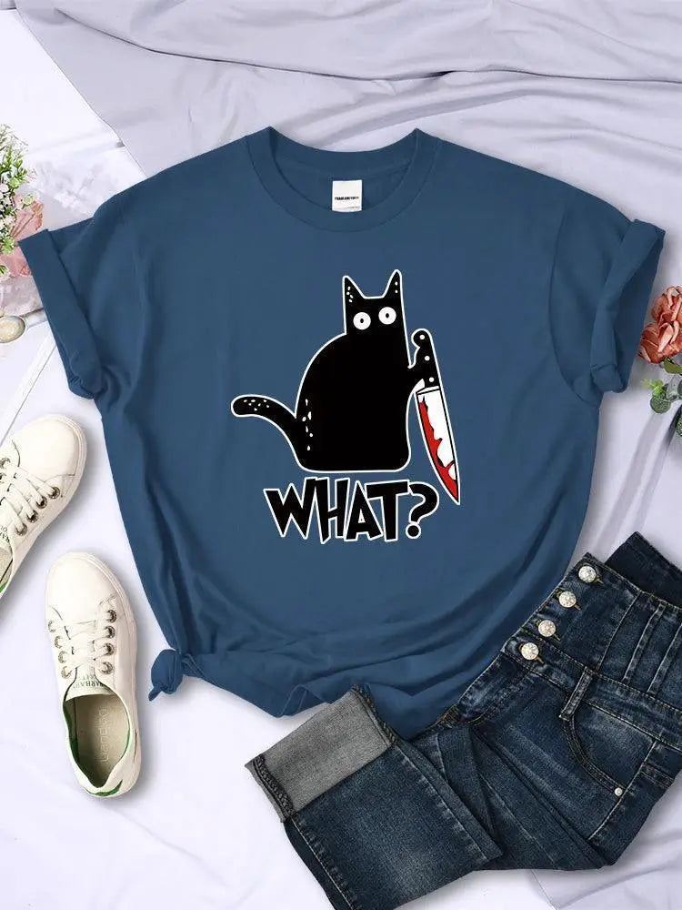 Urban Chic Black Cat Knife Print Tee For Women Fashion