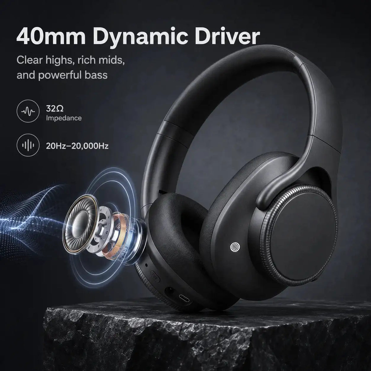 ANC Headphones Bluetooth 6.0 Over-Ear Wireless Headset Rotary volume 40mm Driver 50H Playtime Type-C AUX 3.5mm Lightweight