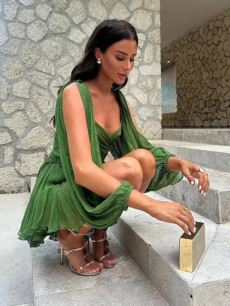 Green Mesh Lantern Sleeve Mini Dress With V Neck Chic