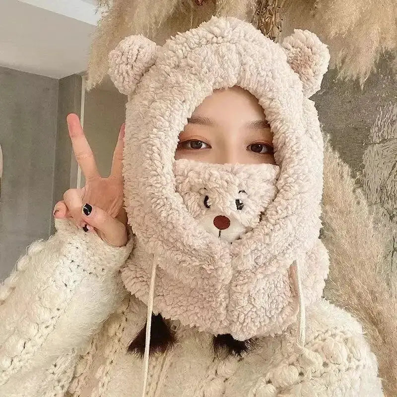 Women Hat Cute Bear Mask One Piece Knitted Winter Scarf