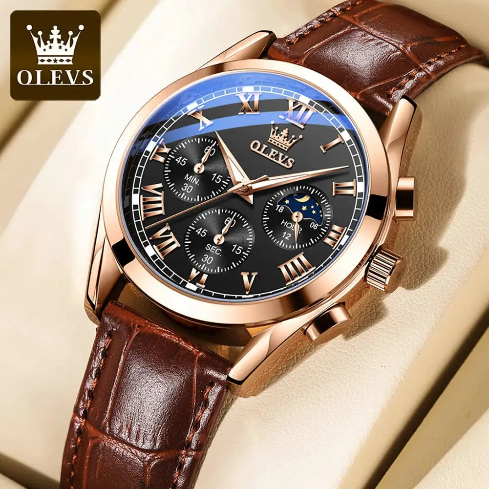 OLEVS 2871 Top Brand Men's Quartz Watch Noctilucent Business Waterproof Luxury Watch Leather Strap Moon Phase Relogio Masculino