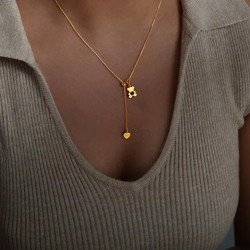 Hollow Bear Pendant Necklace Gold Plated Women Adjustable