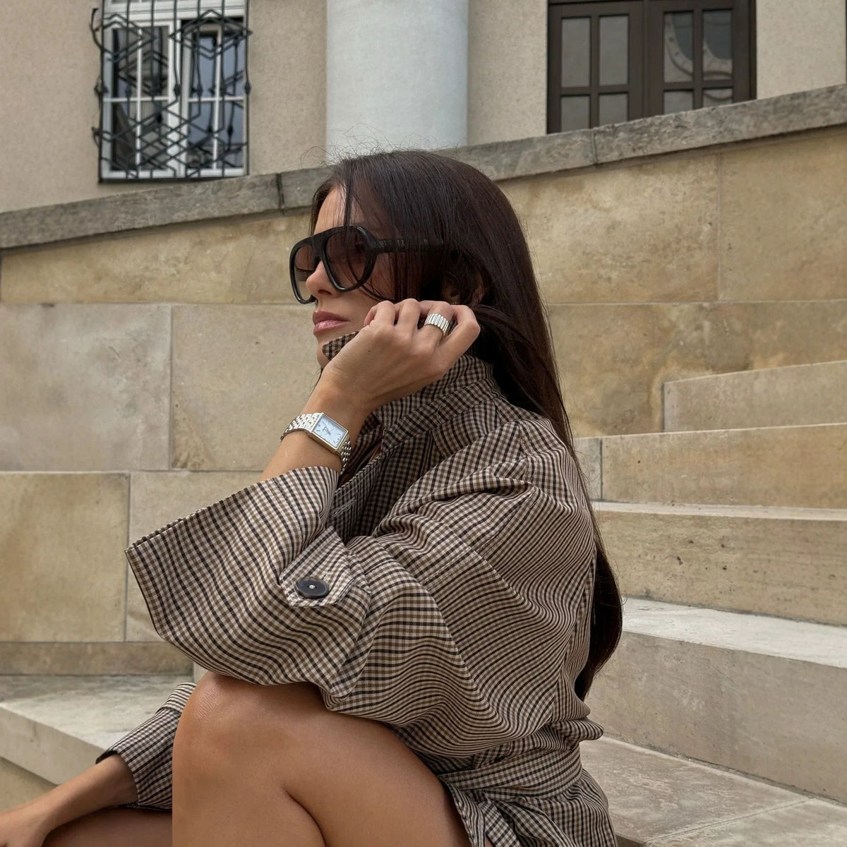Belted Standcollar Houndstooth Coat