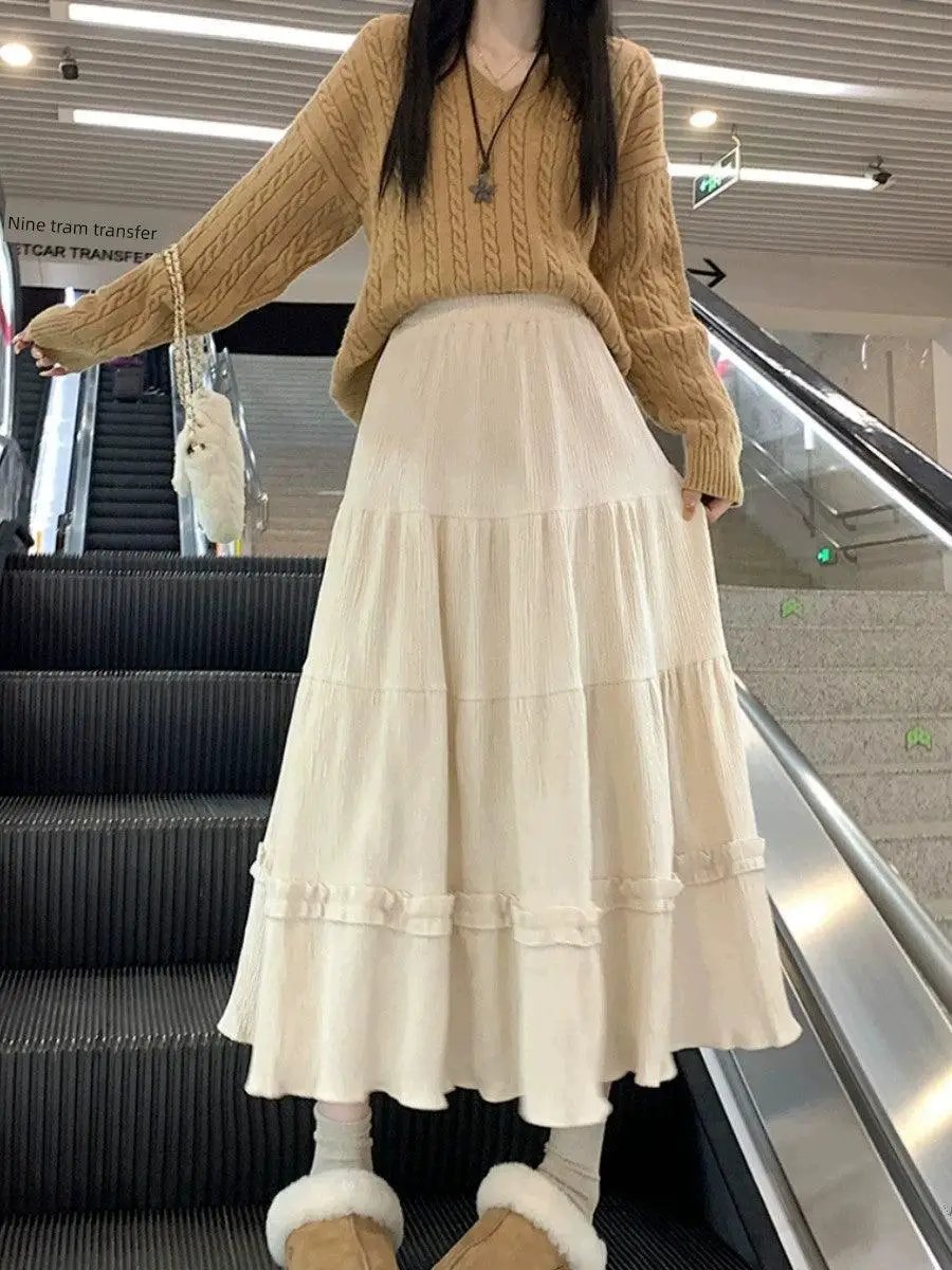 Elegant Velvet Apricot Ruffled A Line Midi Dress Chic