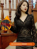 Autumn Chic: Elegant Black Lace V-neck Shirt for Women