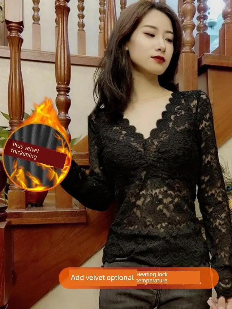 Autumn Chic Black Lace V Neck Shirt for Women Elegant Top