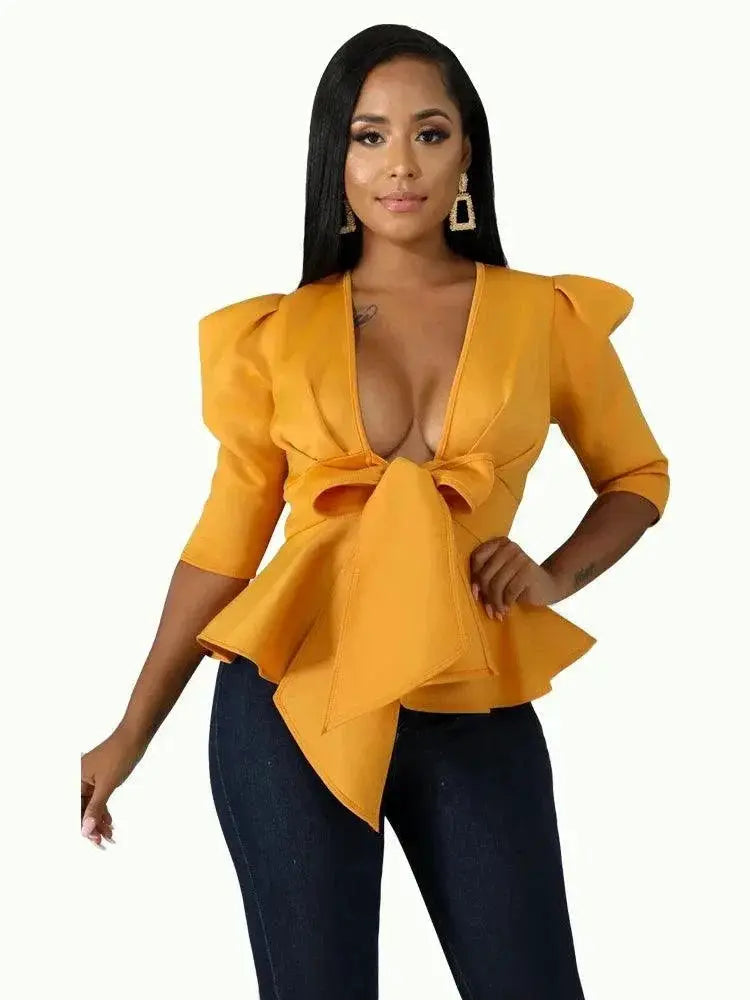 Chic Bowtie Peplum Blouse For Elegant Clubwear Party