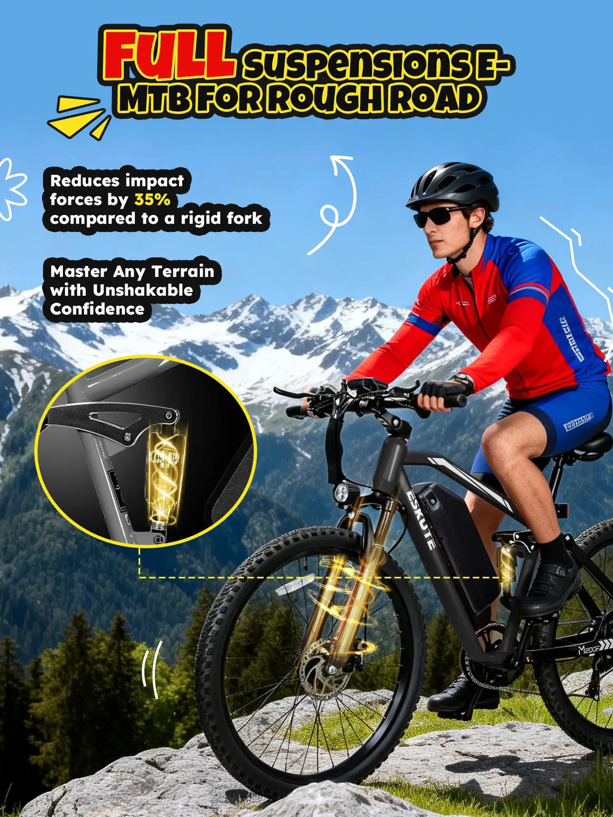 ESKUTE M200F Electric Bike for Adults – 27.5 inch Tire Mountain E-Bike, Brushless Motor, 48V 20.8Ah Removable Battery, Up to 80 Miles, Step Over Commuter E-MTB, Full Suspensions