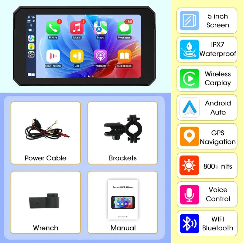 Dual Screen Bluetooth Motorcycle Navigation GPS Display IP67 Waterproof Carplay with Helmet Intercom Support Moto Accessories