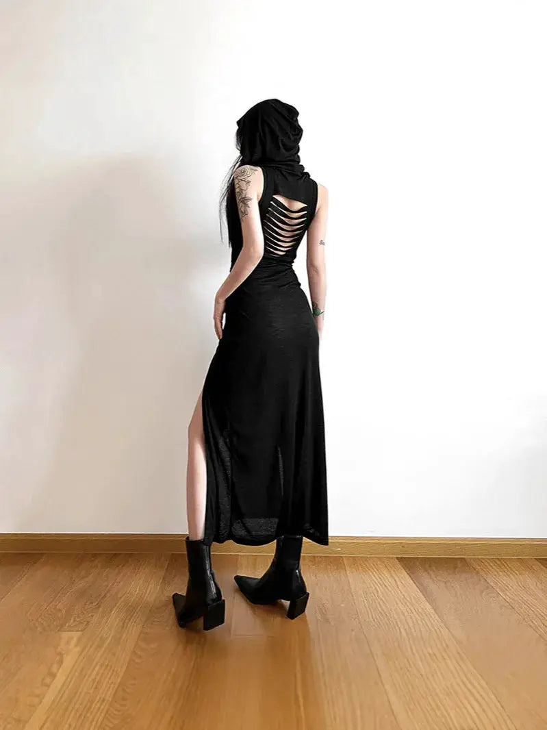 y2k Dress Women Clothes Solid Color Sleeveless Hollow Out Back Slit Hooded Dress 2000s Halloween Party Dresses