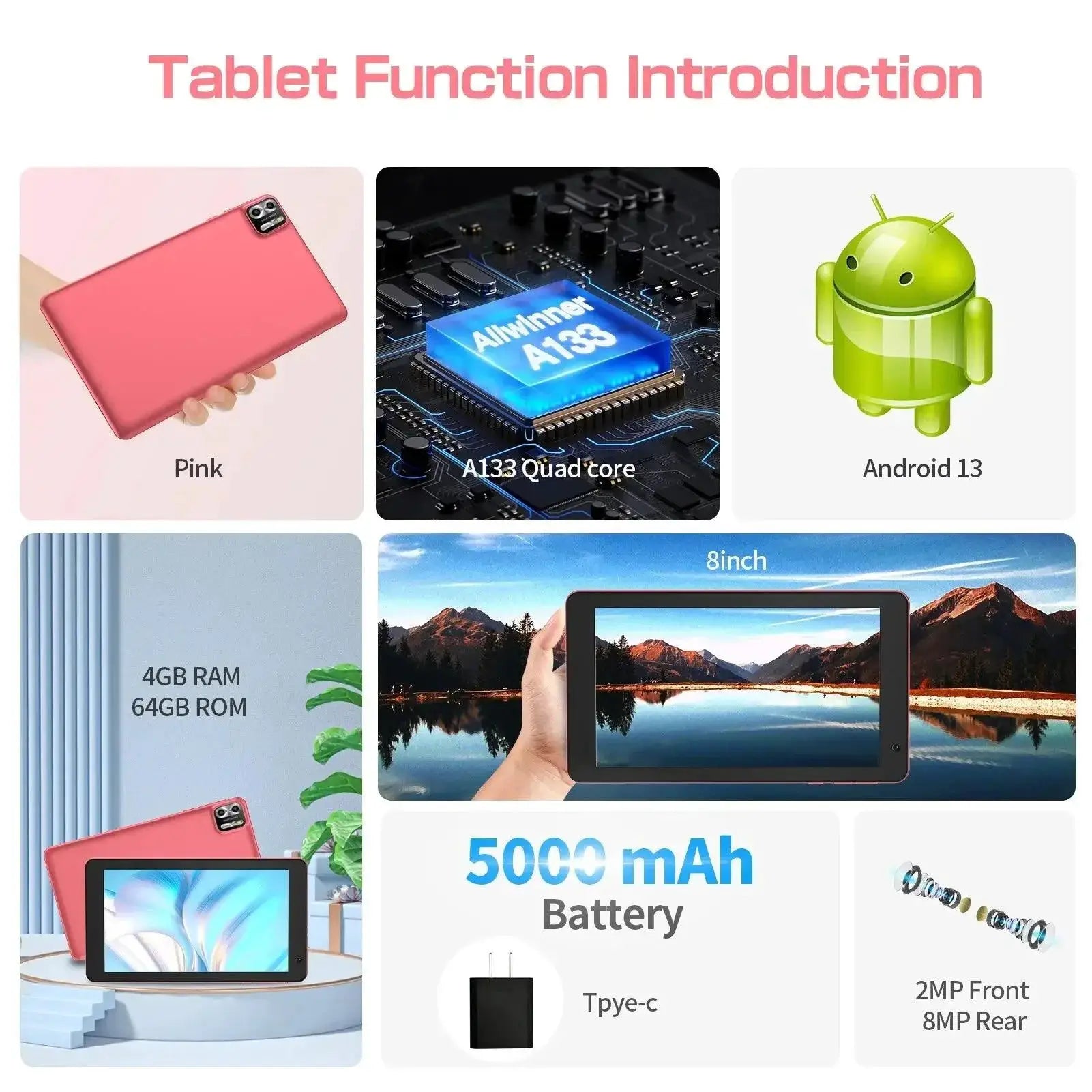 Pritom 8-Inch Android 13 Tablet With 8GB RAM WiFi Portable