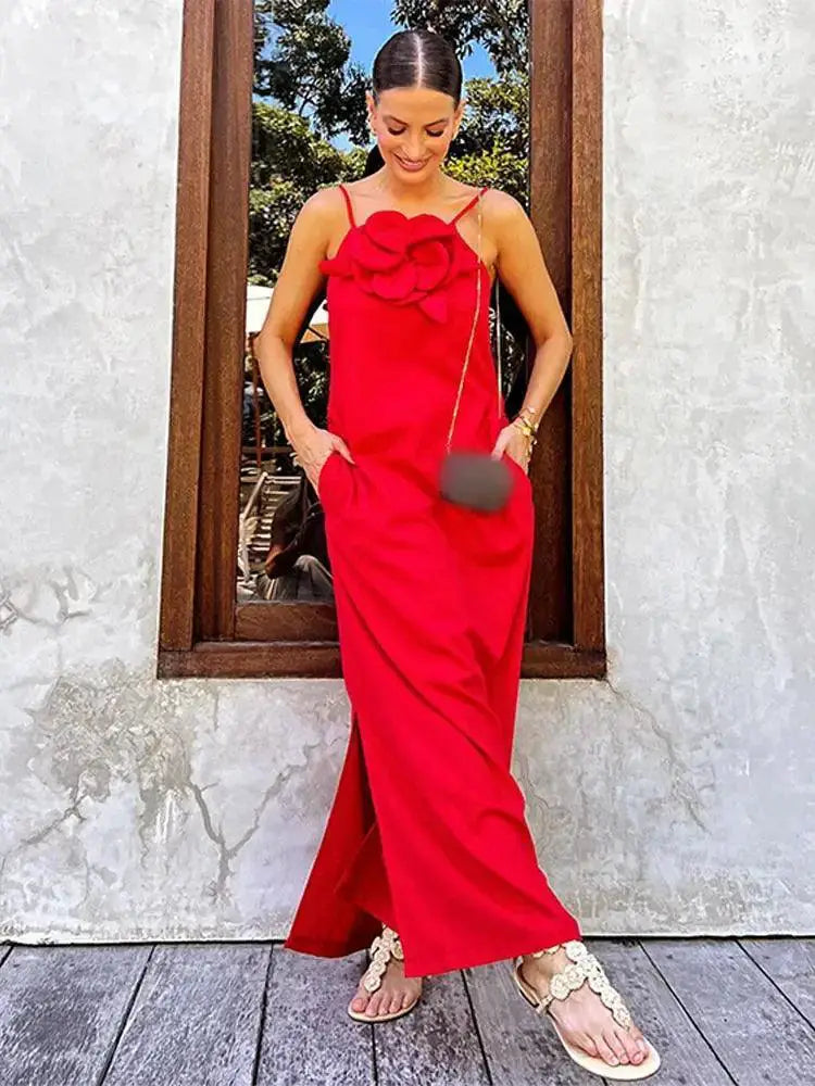 Elegant Crimson Floral Midi Dress For Partywear Glamour