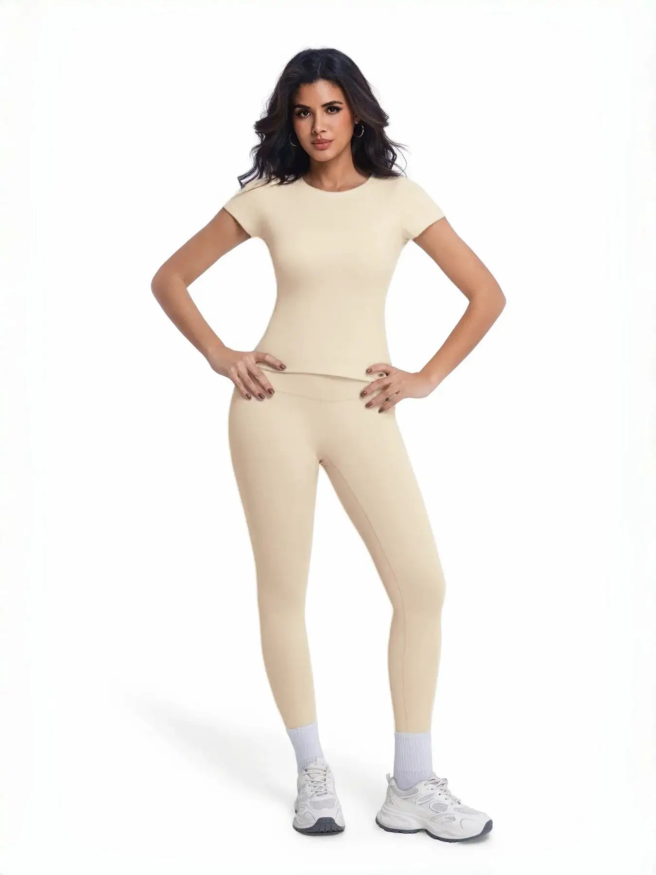Women's 2 Piece Workout Set, Ultra-Soft Short Sleeve T-Shirt & High Waist Leggings, Seamless Butt Lifting Yoga Outfit for Gym, R