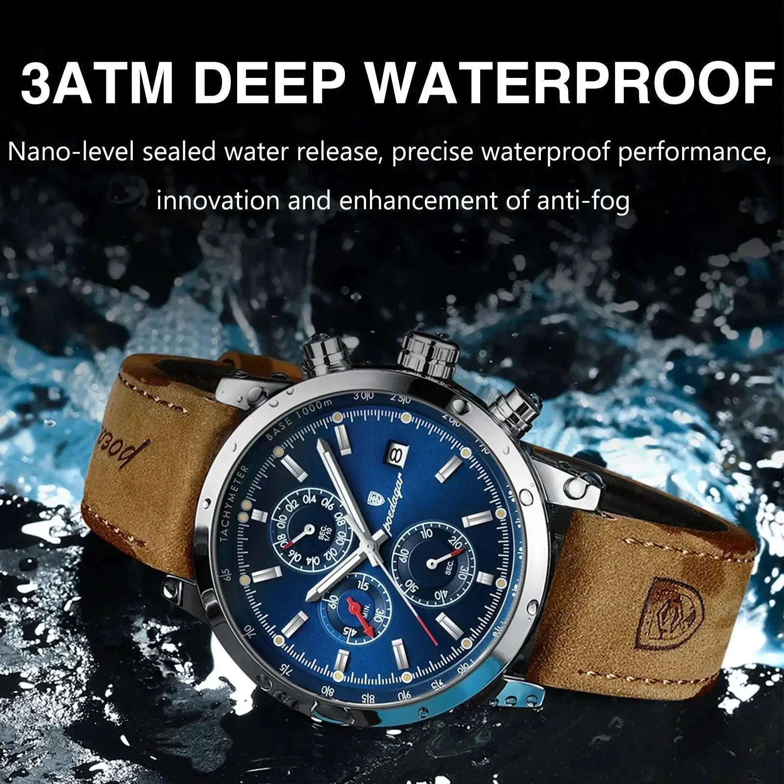 Poedagar Chronograph Watch Men's Waterproof Leather Strap