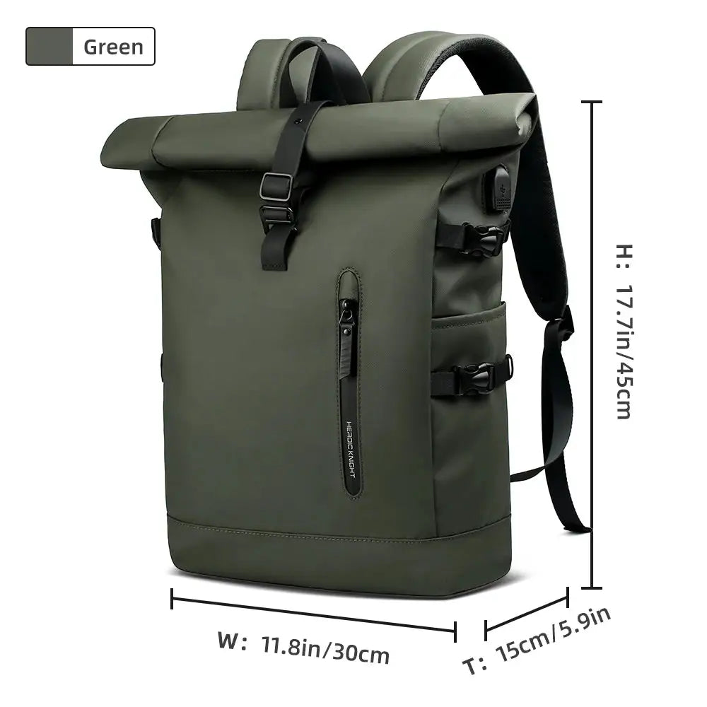 Heroic Knight Men's Backpack Waterproof Roll Top Backpack Women Travel Expandable USB Charging Large Capacity Laptop Bag Mochila