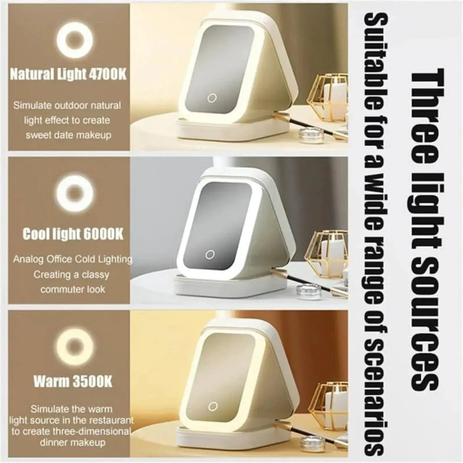 White Portable Travel Makeup Bag With LED Mirror Compact