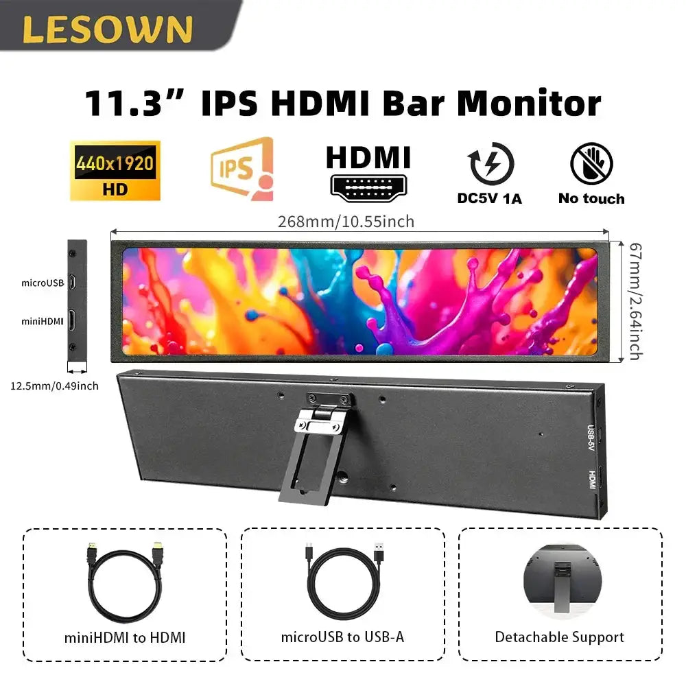 LESOWN Portable Ultra Wide Monitor 11.3 Inch Stretched Strip Display 440x1920 Plug & Play Mini Auxiliary Monitor for Laptop PC