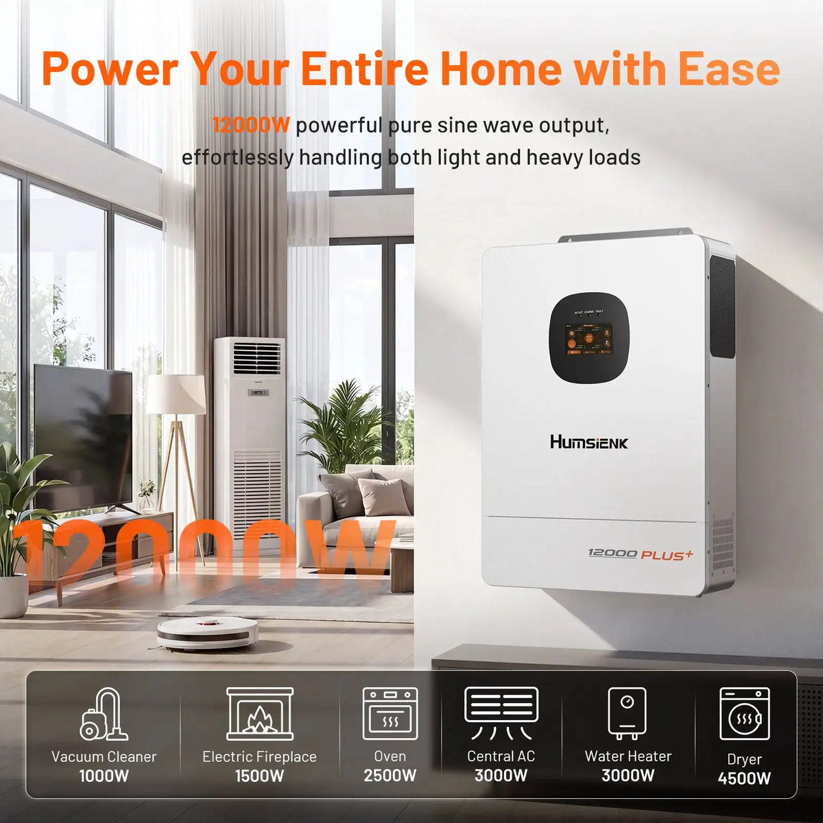 Humsienk 48V 12KW/8KW 3-in-1 Solar Hybrid Inverter, Dual MPPT, 120V/240V Split/Single Phase, 12kW Pure Sine Wave Output, Safety Protections, With USB/RS485/CAN, LCD Display & Remote Monitoring For Off-Grid System