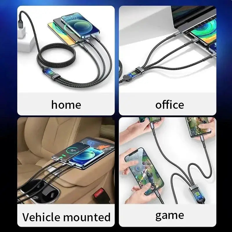 3 In 1 100W Fast Charging Cable Nylon Woven Charging Cable Type C Usb Micro For Iphone Samsung Huawei Xiaomi Pilot Lamp Charger
