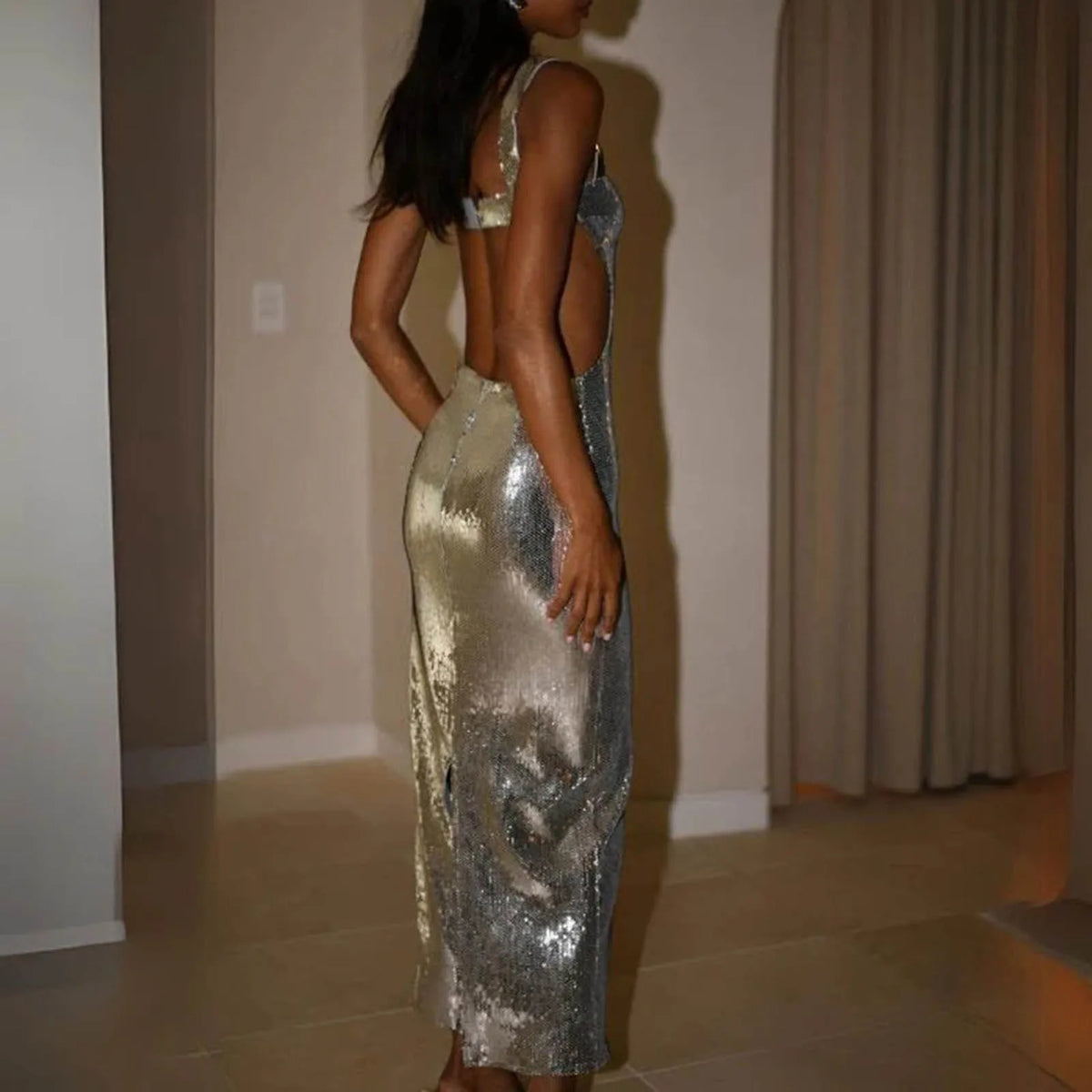 Silver Sequin Backless Maxi Dress