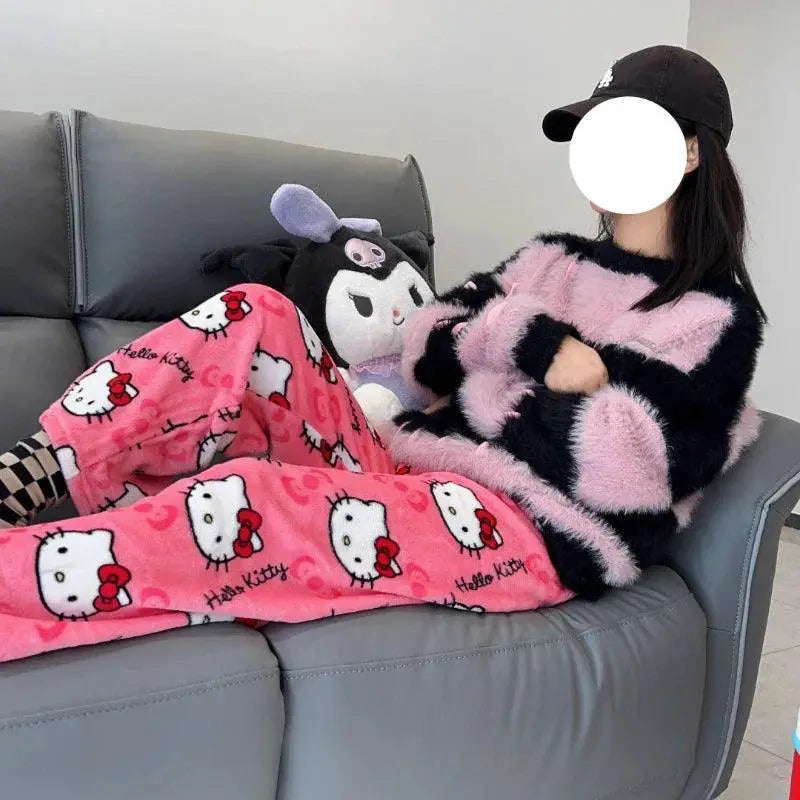 Hello Kitty Flannel Pajama Pants Cozy Anime Home Fashion