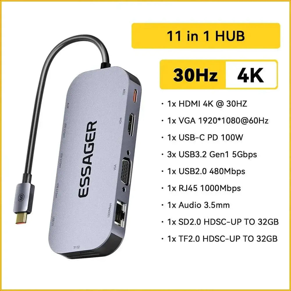 Essager 11 In 1 USB C Hub 4K 30Hz Docking Station Laptops