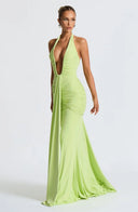 Mozision Deep V Neck Draped Maxi Dresses for Women Halter Backless Club Elegance