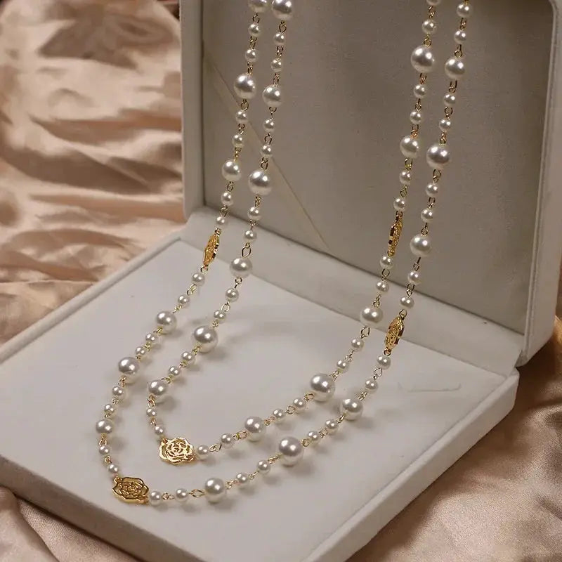 Vintage Lady Camellia Pearls Flower Long Necklace Chain