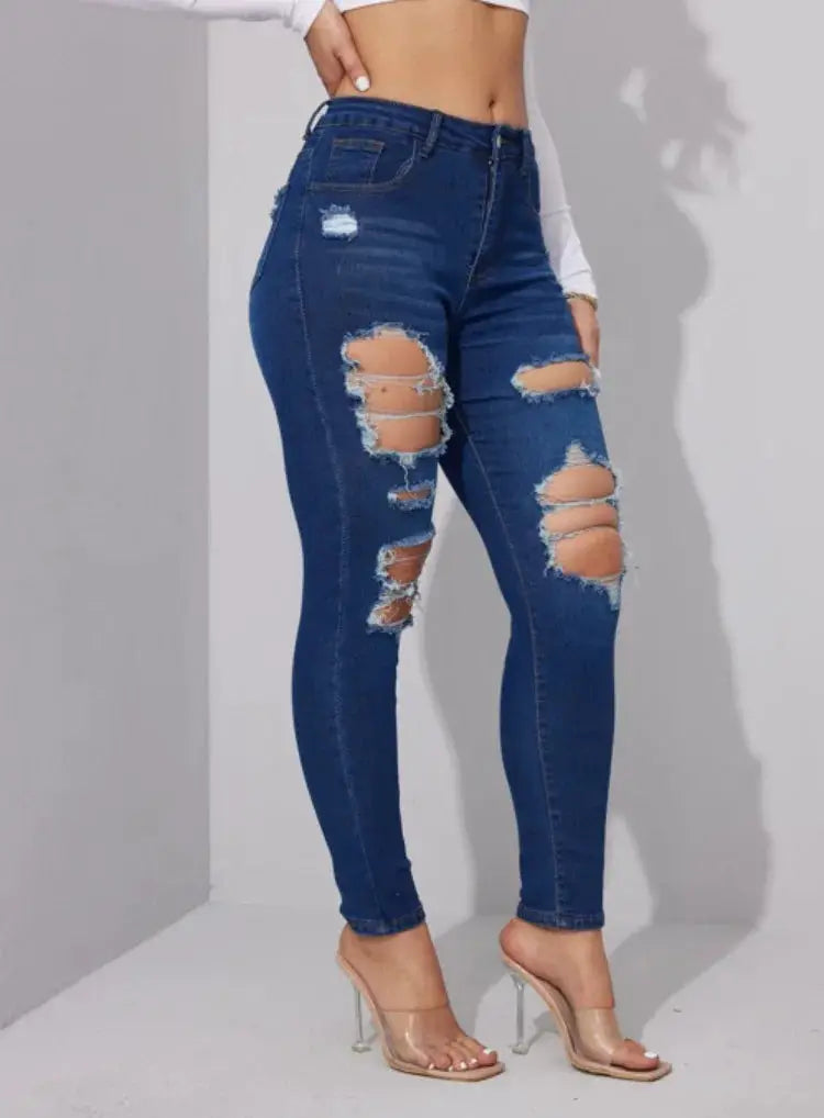 Summer New Womens Ripped Jeans High Stretch Slim Fit