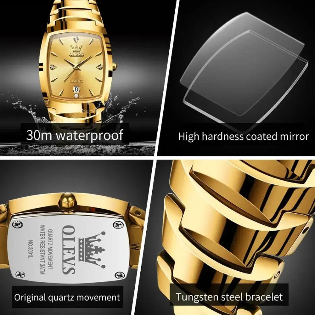 OLEVS Gold Tungsten Steel Square Dial Watch For Men