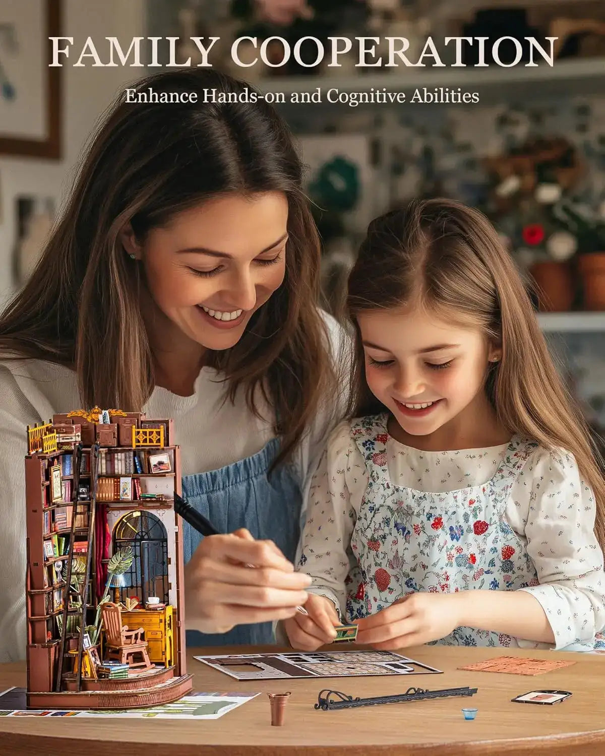 Robotime Rolife Silent Corner Study DIY Book Nook Shelf Insert Wooden Miniature Doll House for Bookshelf Insert Furniture TGE02