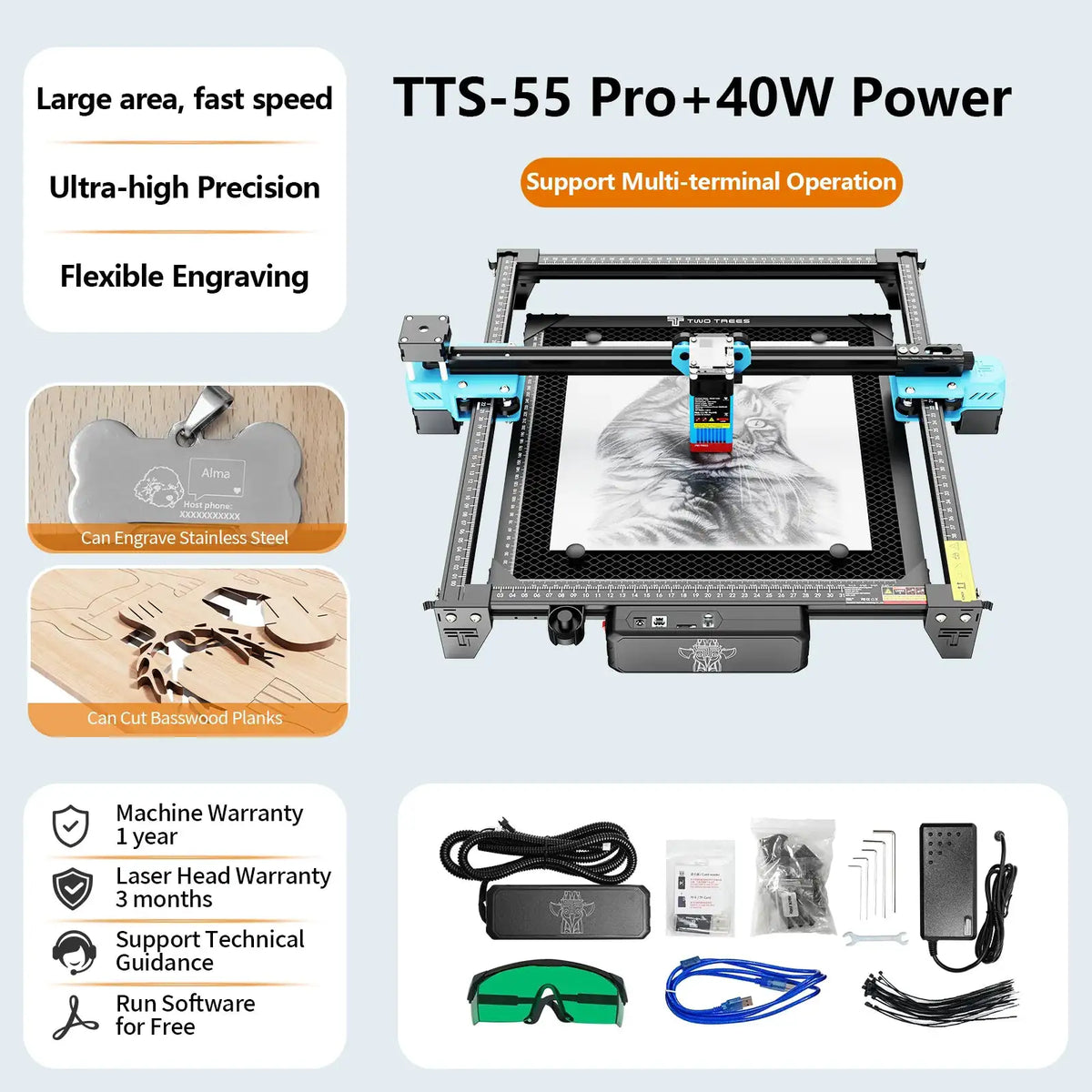 TwoTrees TTS-55 Pro Laser Engraver With Wifi Offline Control 445±5nm Blue Light Laser Engraving Cutting Machine Stainless Steel Carving Wood Acrylic Cutting