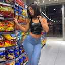 Stretch Skinny Denim Jeans for Women Mid Waist Blue Retro