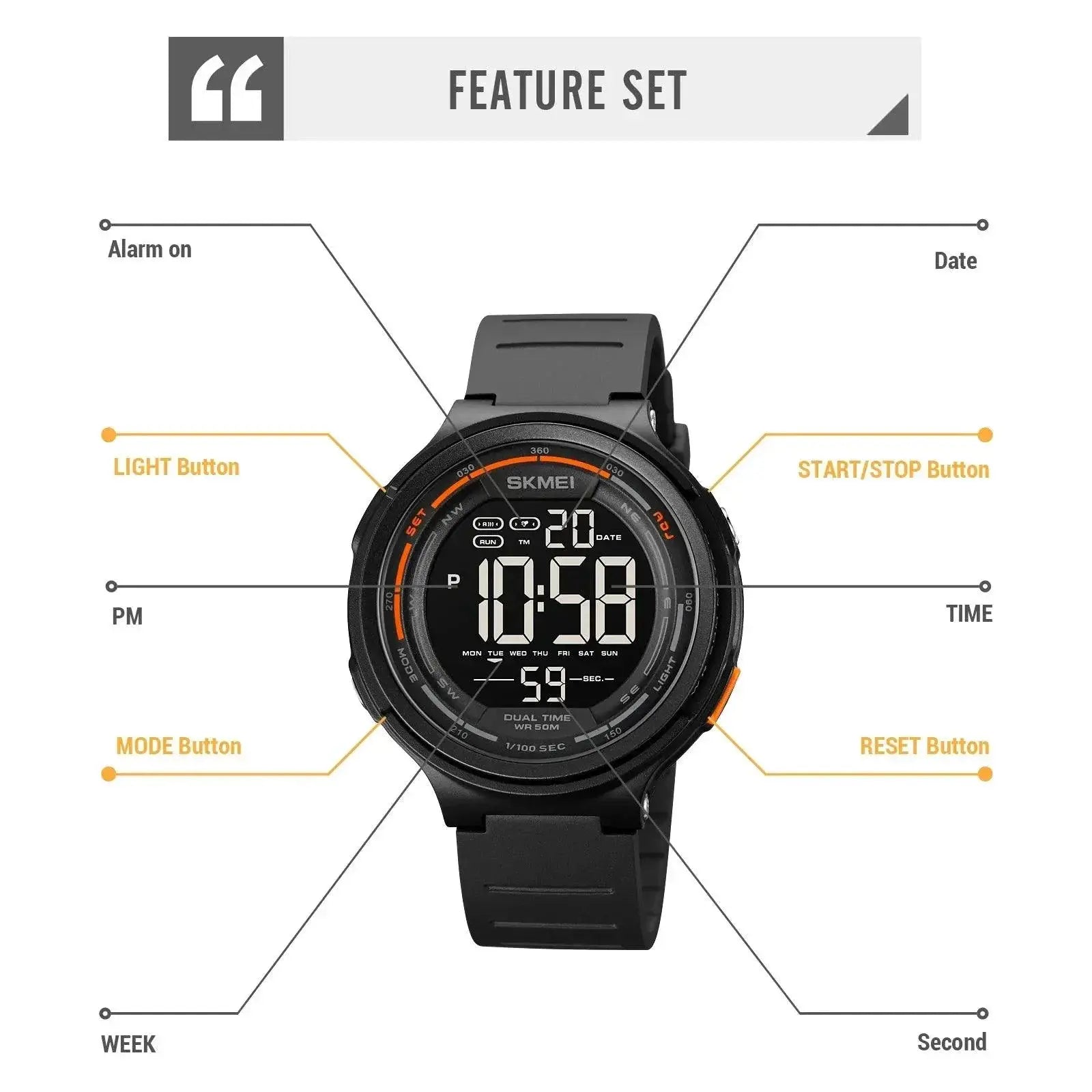 SKMEI Mens LED Sports Watch Versatile Waterproof Timer