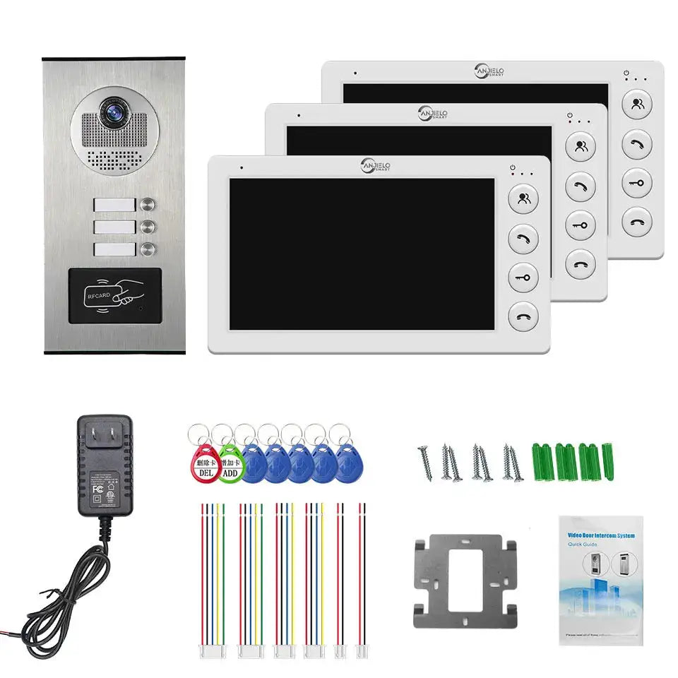 ANJIELO 3 Unit Home Video Intercom for Apartments Residential Intercom Doorbell Video Door Phone System with RFID Card Unlock